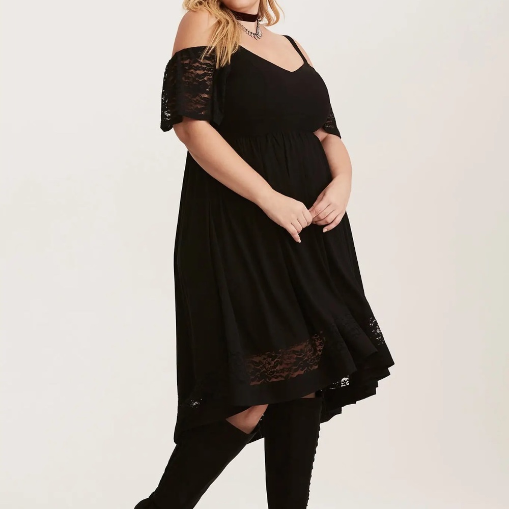 Torrid black lace cold shoulder hi-low dress